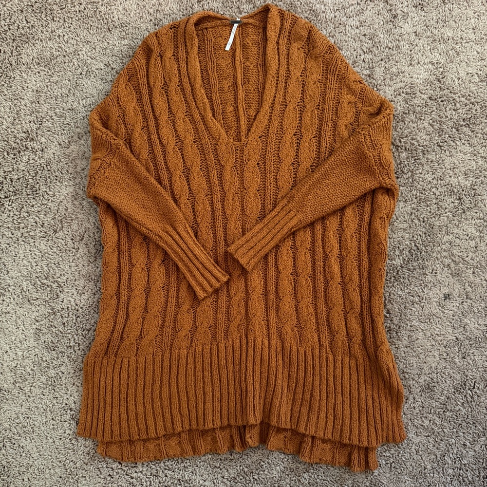 Free People Easy Cable Knit Brown V-Neck Sweater Chunky Knit Oversized